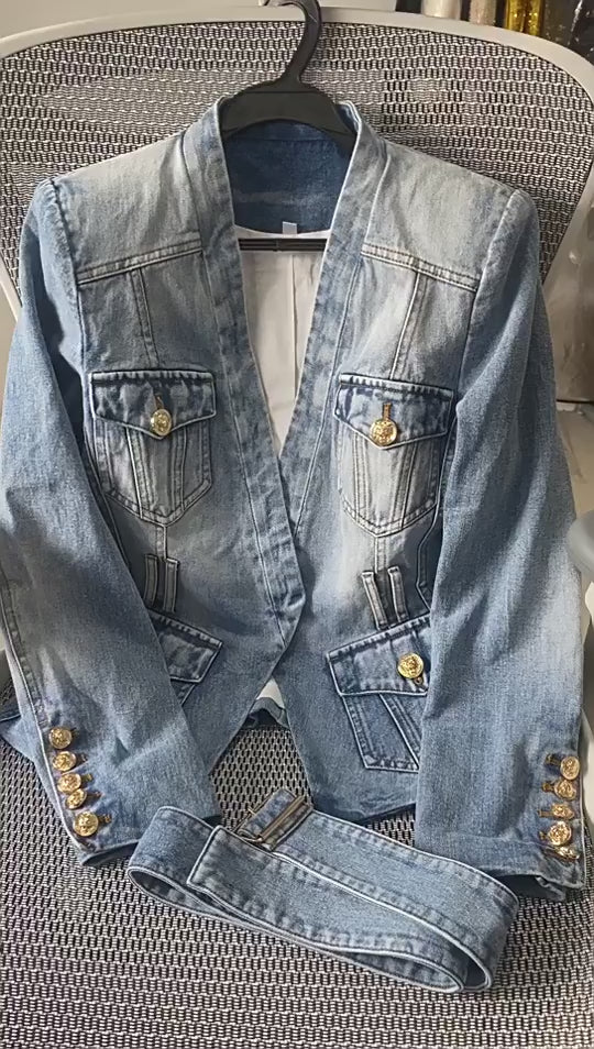 Platlogy V Neck Belted Waist Denim Blazer Women Long Sleeve Pockets Casual Chic Slim Fit Denim Jacket