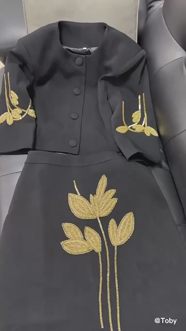 Platlogy Elegant Gold Leaf Embroidery Black Two Piece Set Cropped Jacket And Midi Skirt Formal Women Outfit For Office Wedding Party
