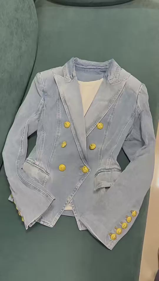 Platlogy Vintage Washed Denim Blazer Women Double Breasted Gold Button Slim Fit Lapel Jean Jacket Casual Business Outerwear