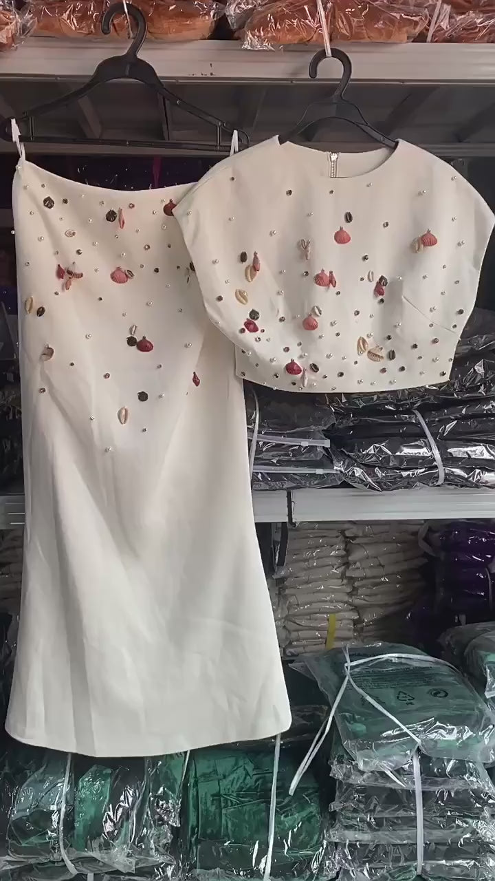 Platlogy Luxury Handmade Shell Beaded Two Piece Outfit Elegant Crop Top Mermaid Long Skirt Set For Wedding Guest Formal Party