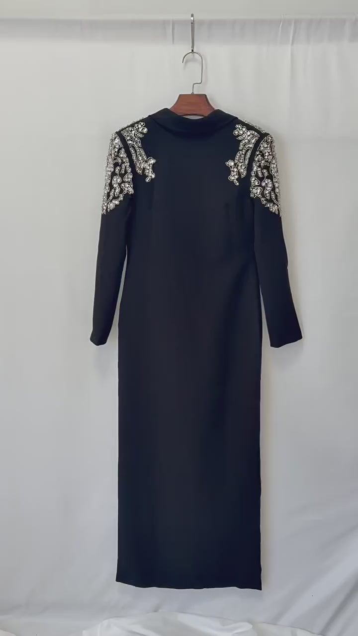 Platlogy Luxury Rhinestone Embellished Lapel Long Sleeve Maxi Dress Elegant Black Formal Evening Bodycon Dress