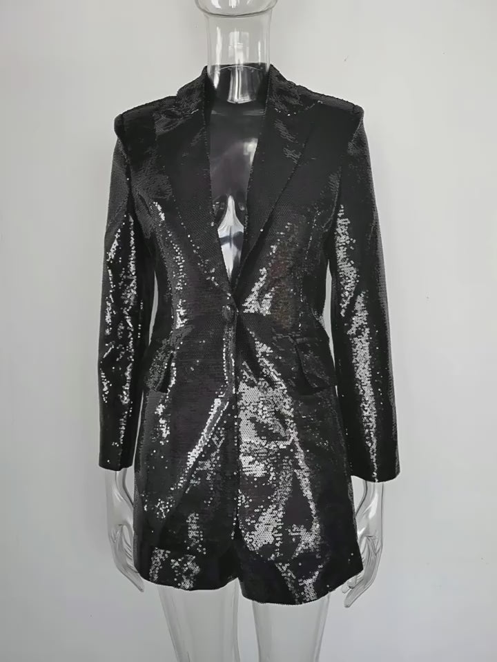 Platlogy Women Sequin Blazer and Short Set 2 PC Slim Fit Notch Lapel Prom Party Glitter Suit