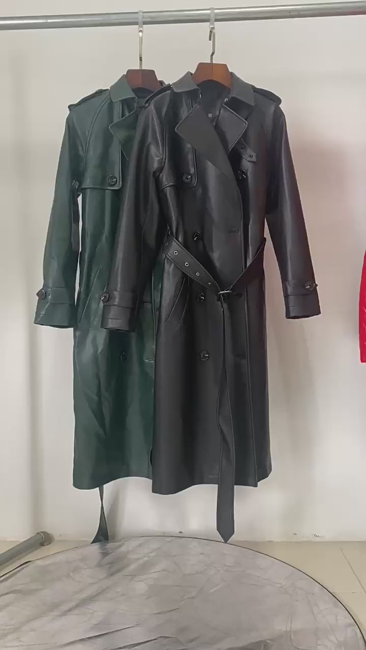 Platlogy Emerald Green Double Breasted Belted Long Leather Trench Coat For Women Elegant Fall Winter Outerwear
