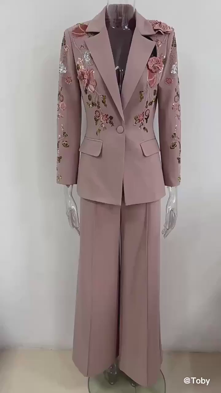 Platlogy Elegant Floral Embroidery Blazer Pant Set Women Formal Business Two Piece Suit For Wedding Party Office Wear