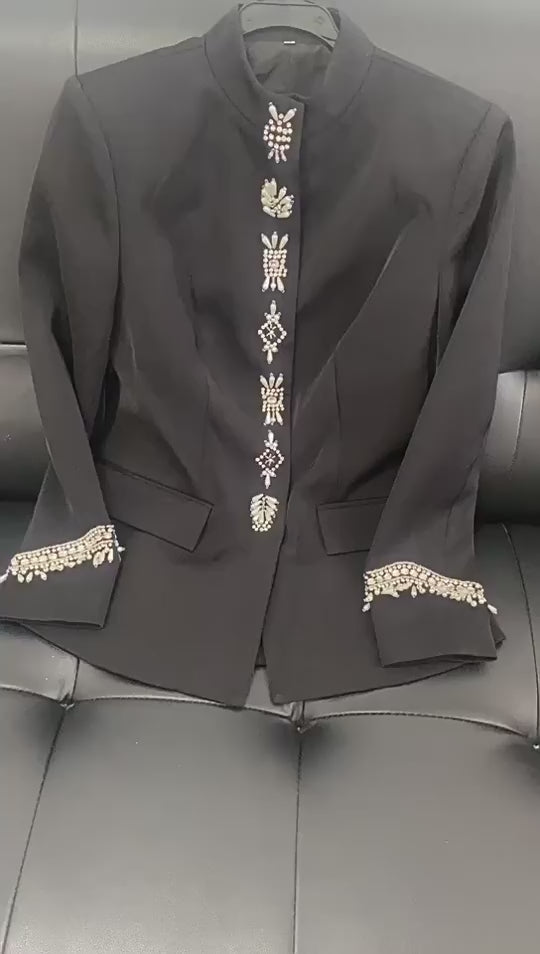 Platlogy Elegant Rhinestone Stand Collar Women Suit Formal Tailored Blazer And Wide Leg Pants Two Piece Outfit For Work Party