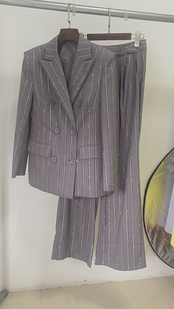 Platlogy Grey Rhinestone Stripe Double Breasted Blazer Pants Set Elegant Women Business Two Piece Suit for Work Party Daily Wear