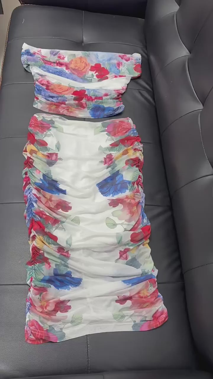 Platlogy Floral Print Draped Neck Mesh Two Piece Crop Top Ruched  Skirt Set