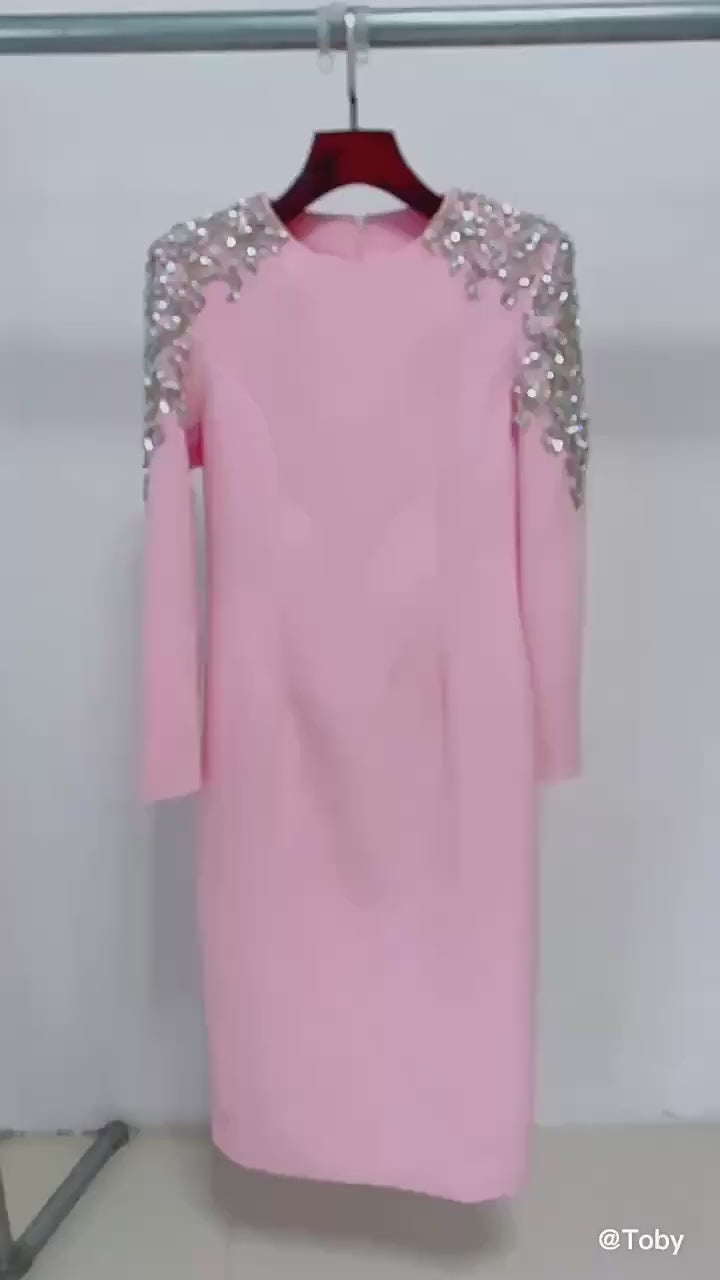 Platlogy Pink Shoulder Rhinestone Embellished Long Sleeve Midi Formal Dress Elegant Party Cocktail Sheath Dress