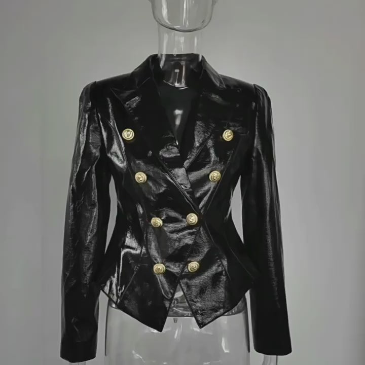 Platlogy Women's Leather Blazer Double-breasted Gold Button Design Slim-fit Cropped Jacket Glamorous Outerwear for Party