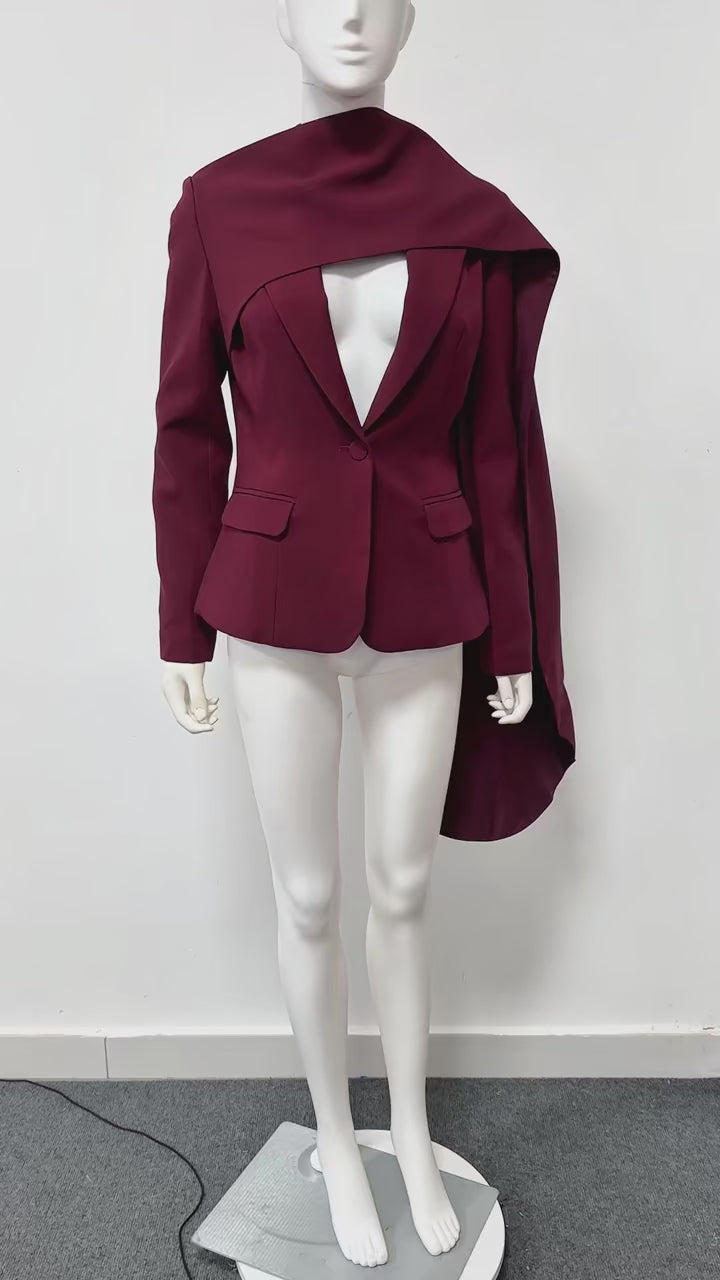 Women Cape Blazer One Button Asymmetrical Design Formal Jacket