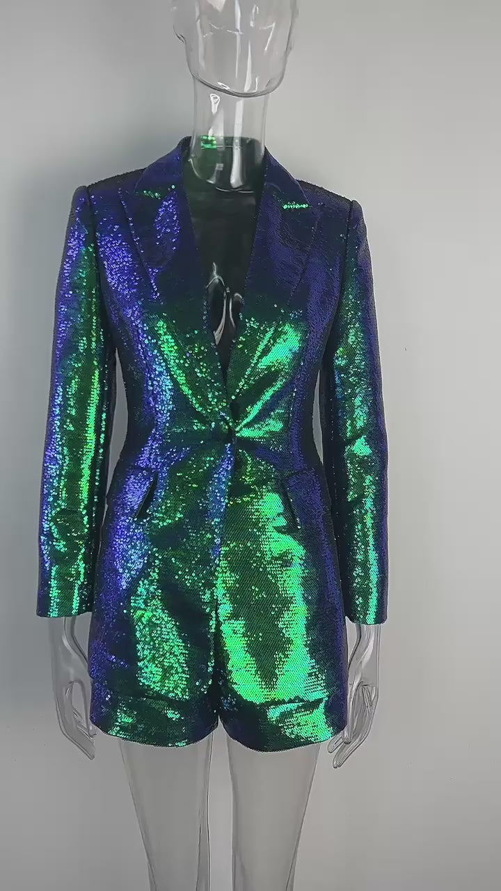 Platlogy Women Sequin Blazer and Short Set 2 PC Slim Fit Notch Lapel Prom Party Glitter Suit