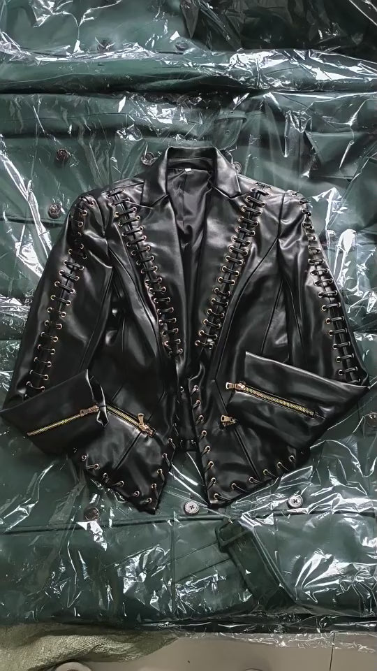 Platlogy Black Lace Up Detailed Fitted Leather Blazer Women Cropped Long Sleeve Formal Party Leather Jacket
