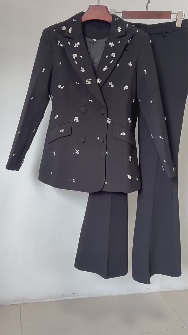 Platlogy Women Elegant Rhinestone Embellished Blazer and Flared Pants Formal Two Piece Suit