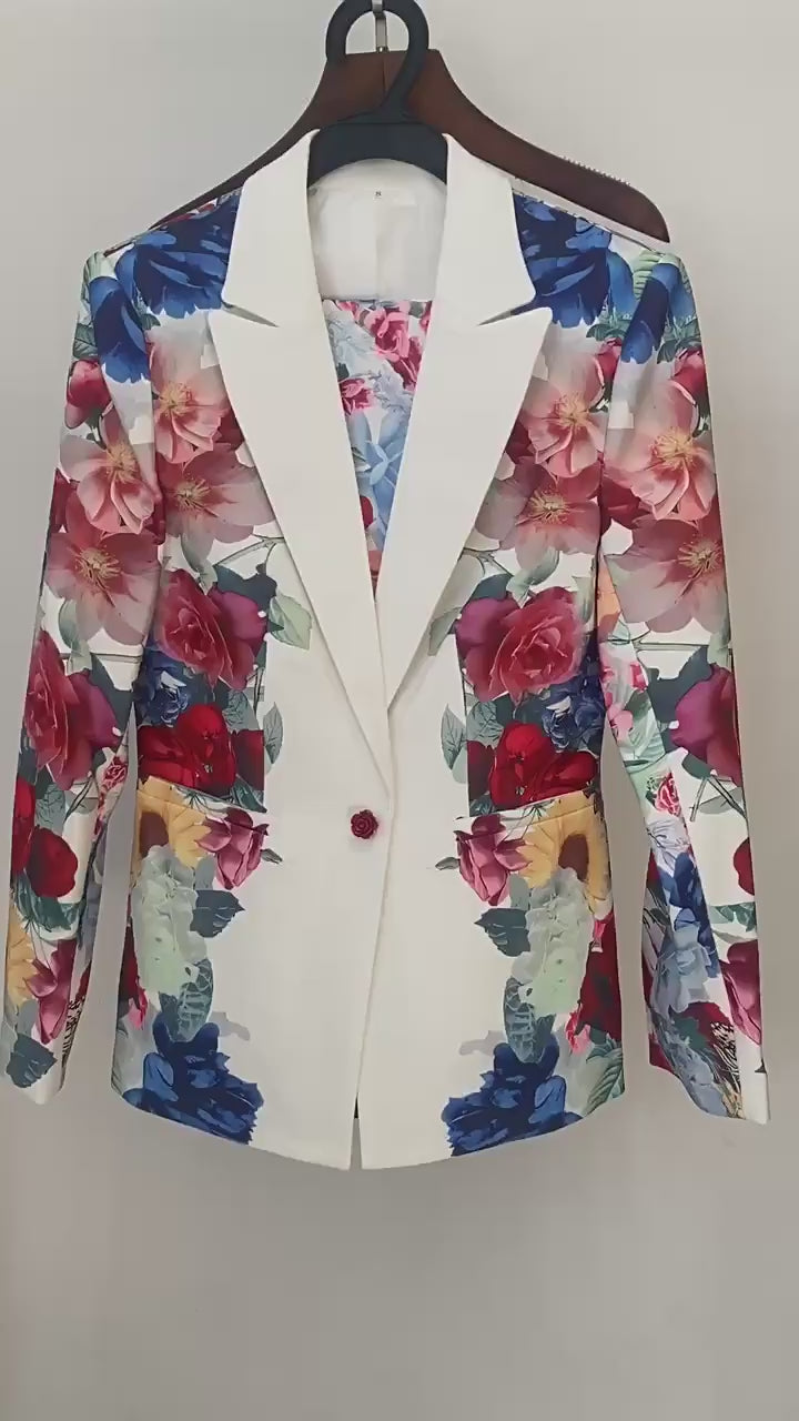 Platlogy Floral Print White Blazer and Straight Pants Two Piece Women Formal Suit Set For Party Business Daily Wear