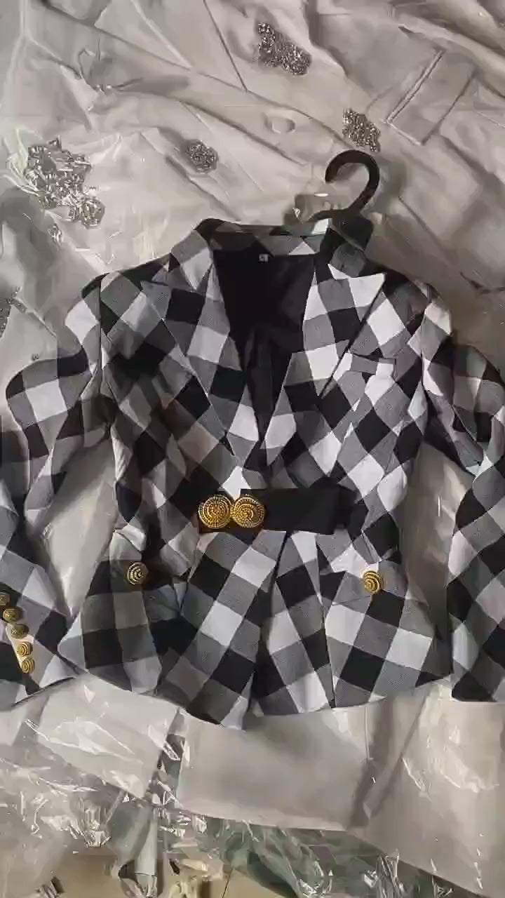Platlogy Women Stylish Diamond Plaid Gold Button Tailored Blazer Elegant Office Casual Outerwear