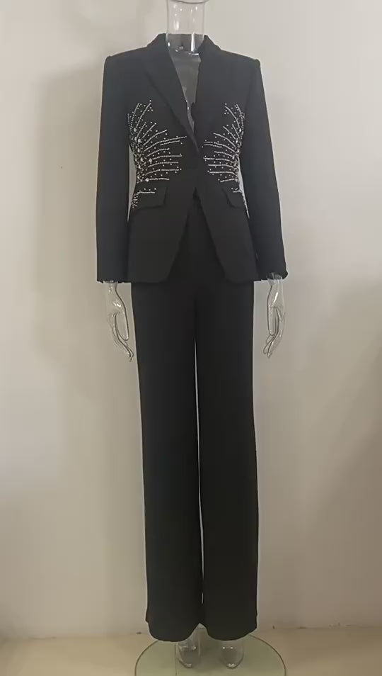 Platlogy Women's Matching Sets Heavy Beaded Diamond One Button Suit Trousers Set Two Piece Sets Womens Outifits