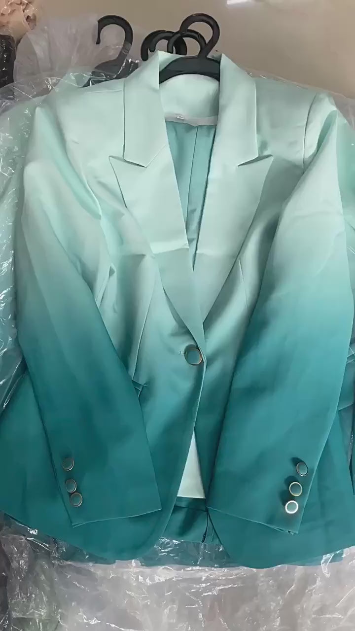 Platlogy Gradient Mint Green Two Piece Blazer And Flared Pants Formal Women Suit Set