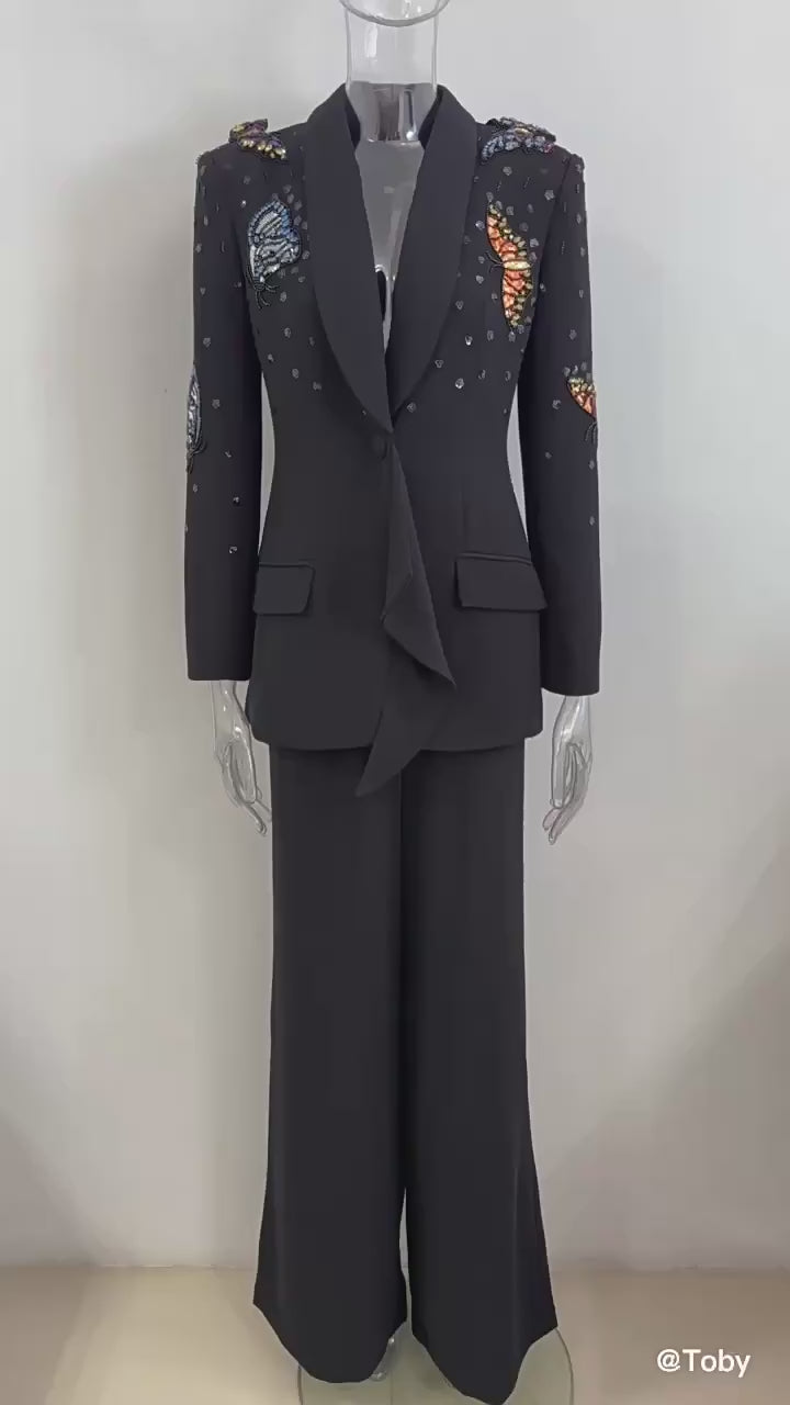 Platlogy Elegant Butterfly Sequin Rhinestone Blazer Wide Leg Pants 2 Piece Women Suit Formal Business Party Outfit