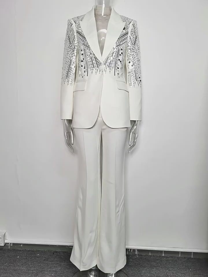 Sparkly Beaded Tuxedo Blazer Straight Leg Pants Suit For Party Main image