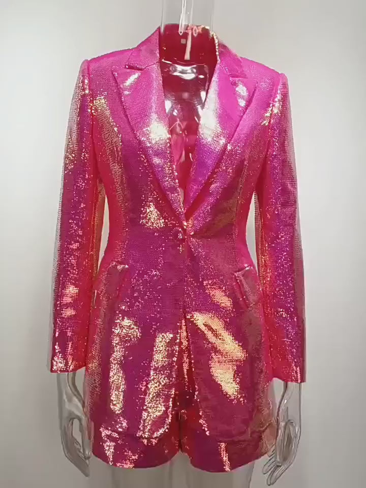 Women Sequin Blazer and Shorts 2 Piece Outfit Party Suit Set