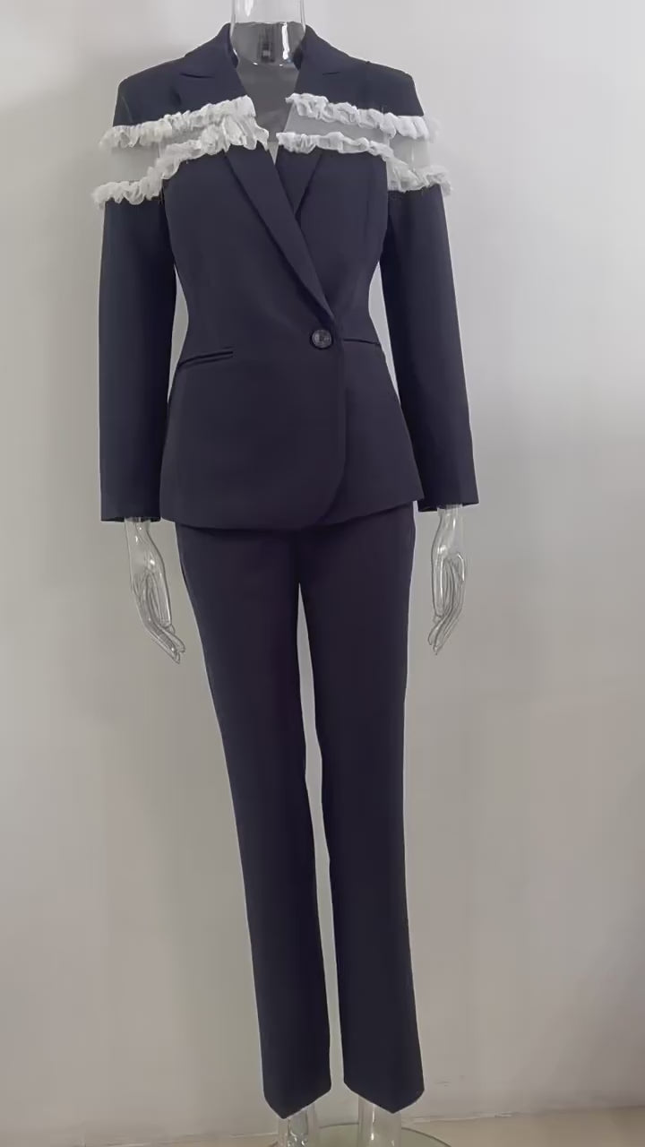 Platlogy Women Navy Ruffled Mesh Patchwork Blazer Pants Set Elegant Formal 2 Piece Suit for Work Party