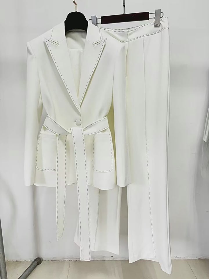 Women Elegant Two Piece Suit Set with Notched Lapel and Waist Tie