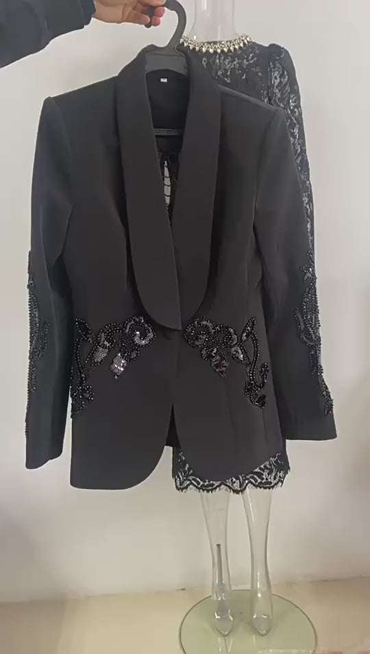 Platlogy Elegant Rhinestone Cutout Back Blazer Sheer Mesh Wide Leg Pants Formal Two Piece Women Suit