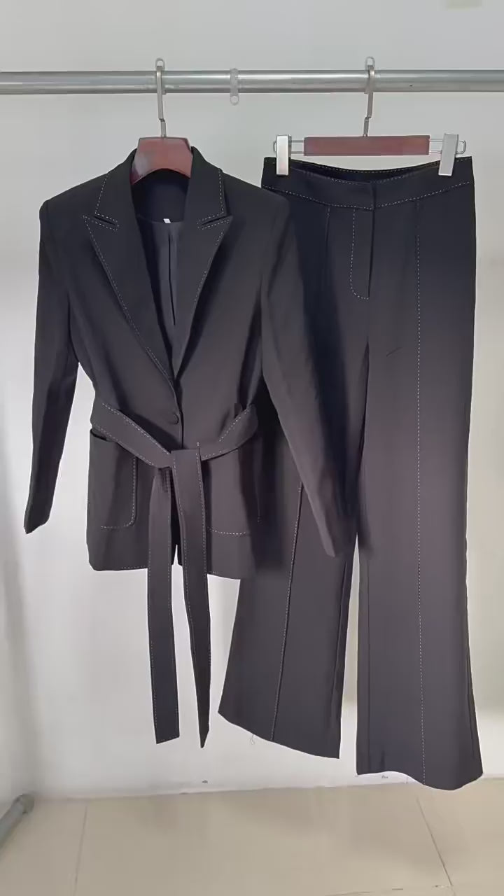 Platlogy Elegant White Belted Blazer Pants Set Stitched Detail Formal Business Two Piece Outfit For Women