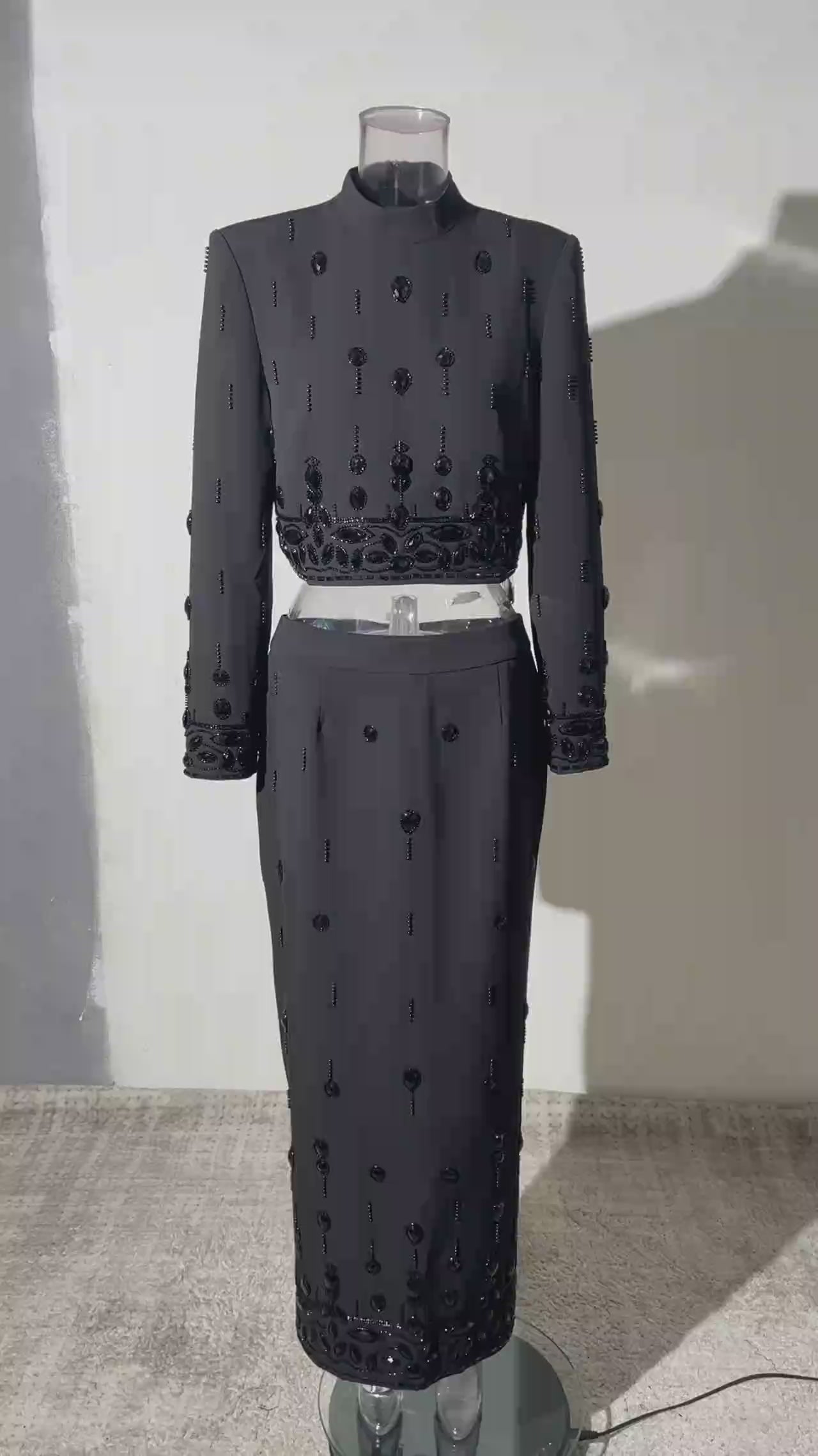 Women Rhinestone Embellished Two Piece Set Long Sleeve Crop Top And Maxi Skirt Formal Party Outfit