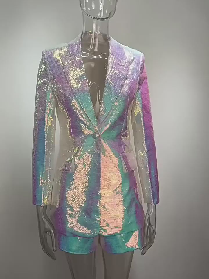 Women Sequin Blazer and Shorts 2 Piece Outfit Party Suit Set