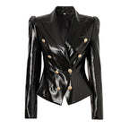 Platlogy Women's Leather Blazer Double-breasted Gold Button Design Slim-fit Cropped Jacket Glamorous Outerwear for Party