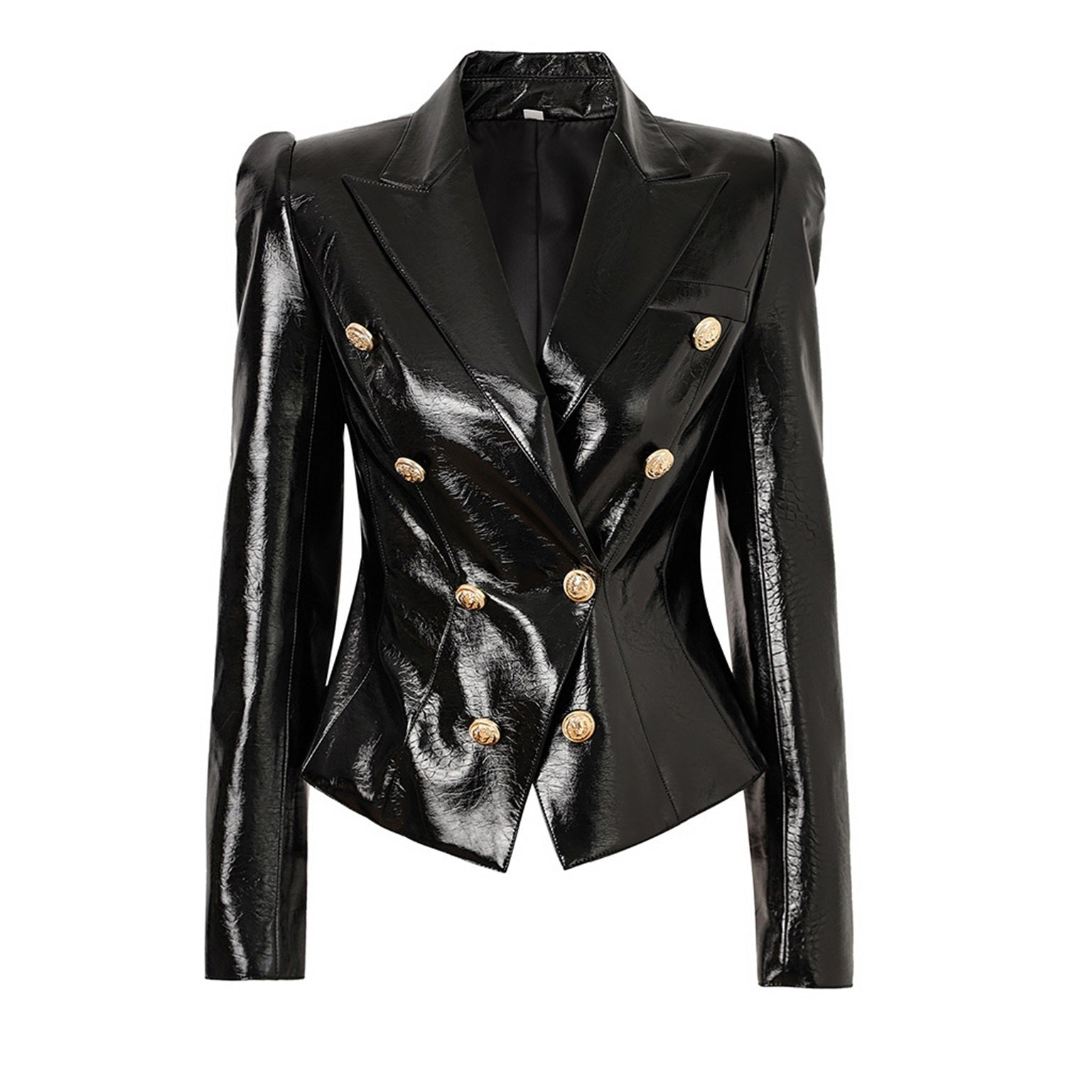 Platlogy Women's Leather Blazer Double-breasted Gold Button Design Slim-fit Cropped Jacket Glamorous Outerwear for Party