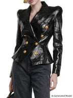 Platlogy Women's Leather Blazer Double-breasted Gold Button Design Slim-fit Cropped Jacket Glamorous Outerwear for Party