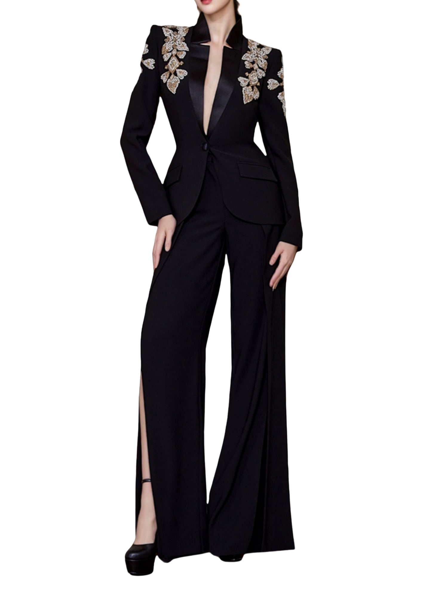 Platlogy Women's Designer Suit Women Beaded Diamonds Stand Collar Single Button Blazer Wide-leg Pants Set 2PCS Main image