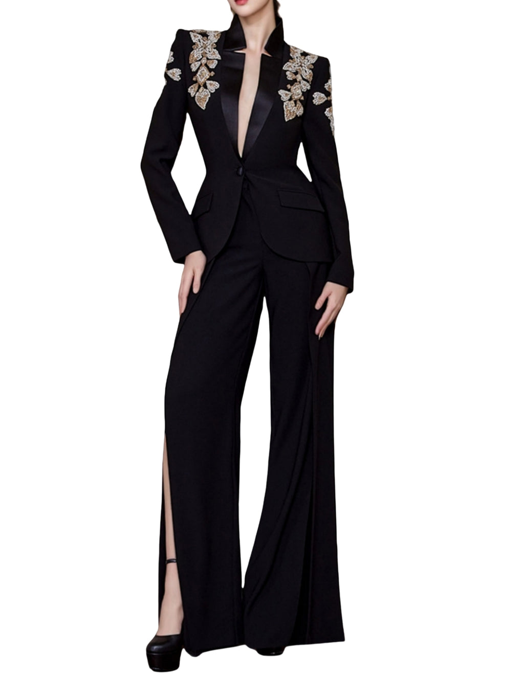 Platlogy Women's Designer Suit Women Beaded Diamonds Stand Collar Single Button Blazer Wide-leg Pants Set 2PCS