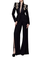 Platlogy Women's Designer Suit Women Beaded Diamonds Stand Collar Single Button Blazer Wide-leg Pants Set 2PCS
