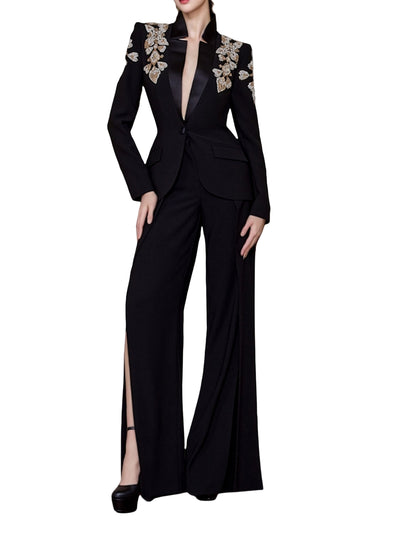 Platlogy Women's Designer Suit Women Beaded Diamonds Stand Collar Single Button Blazer Wide-leg Pants Set 2PCS