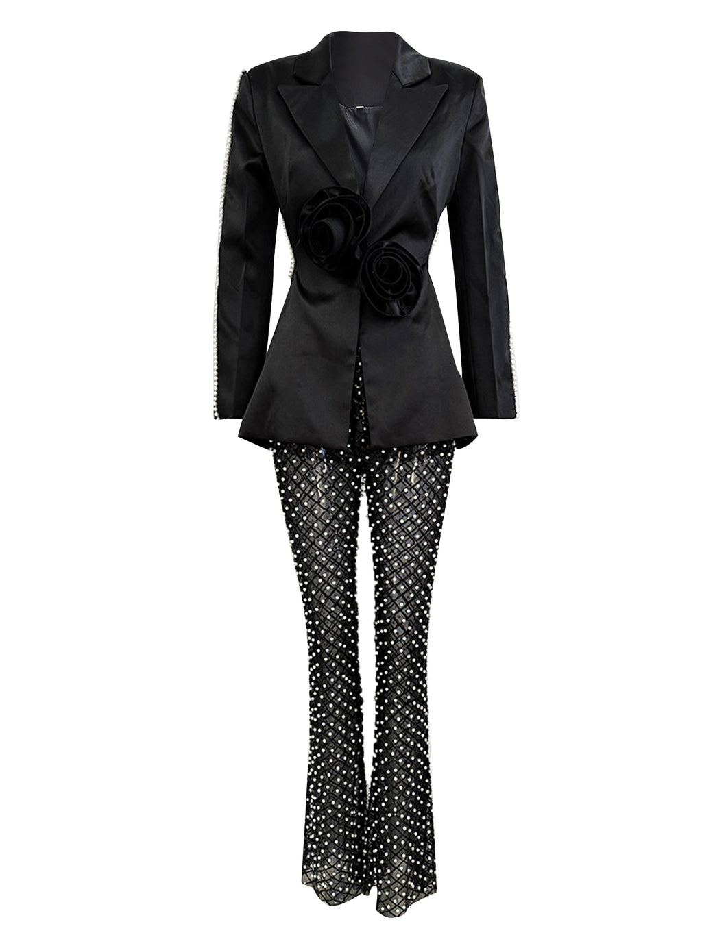 Platlogy Women's 2 Pieces Blazer Pants Suit Sets Hollow Out Flowers Appliques Pearls Beaded Wedding Party Outfits