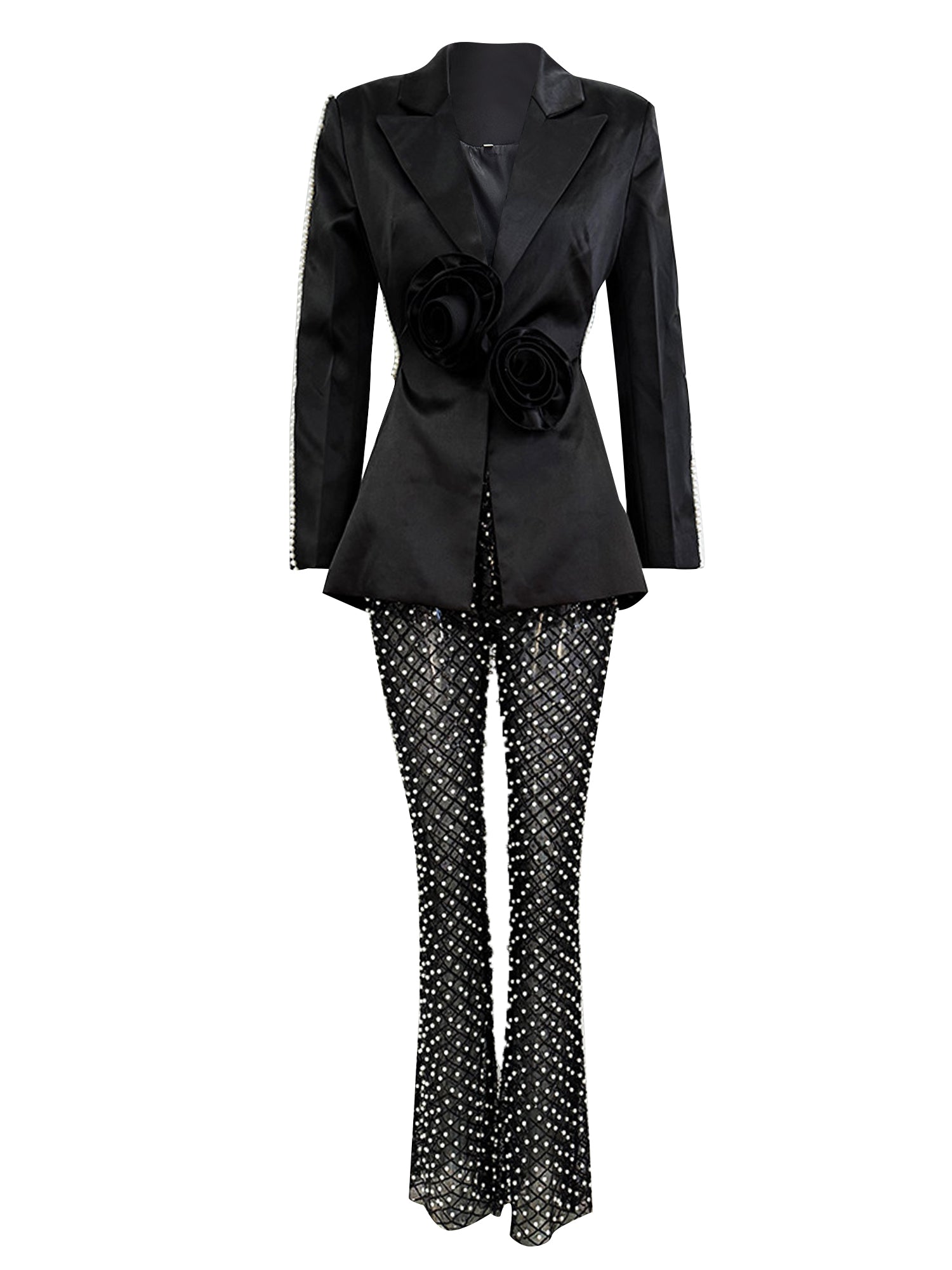 Platlogy Women's 2 Pieces Blazer Pants Suit Sets Hollow Out Flowers Appliques Pearls Beaded Wedding Party Outfits