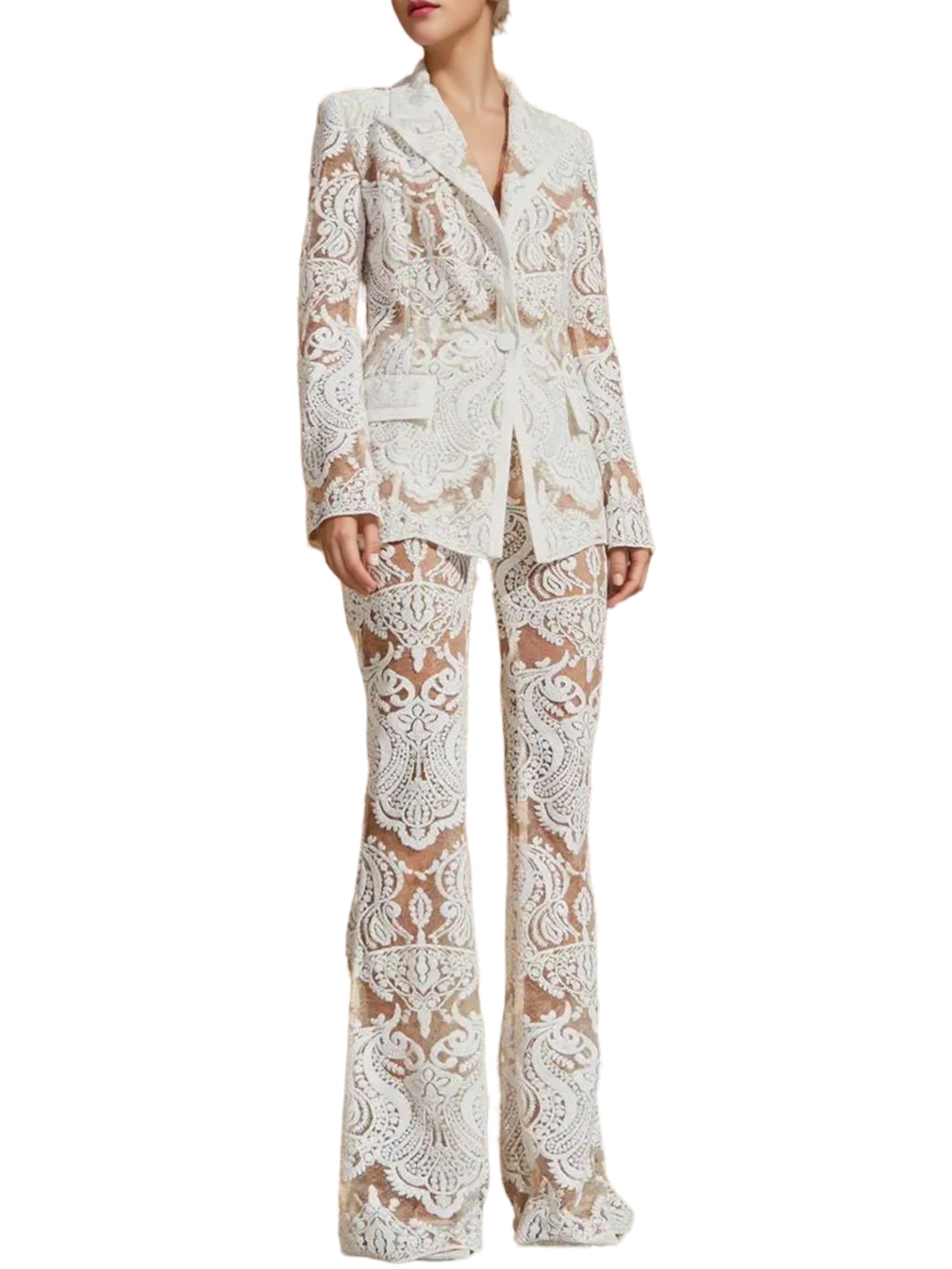 Platlogy Women's 2024 2 Pieces Suit Set Single Button Guipure Lace Sequined Blazer Jacket Pants Suit Outfit