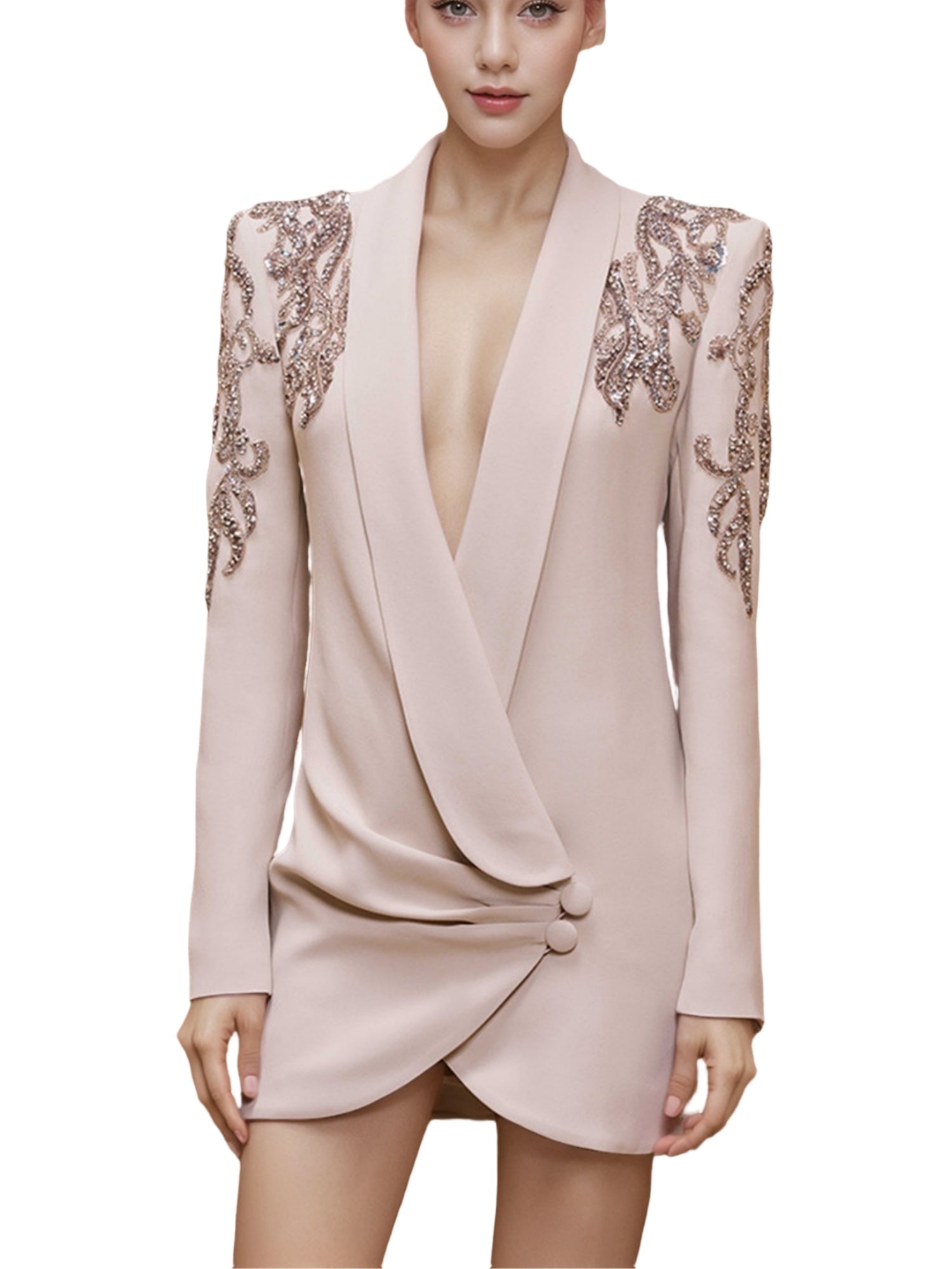 Platlogy Women's Luxury Designer Jacket Slim Fitting Rhinestone Diamonds Beaded Sequin Long Blazer Coat Main image