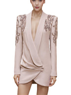Platlogy Women's Luxury Designer Jacket Slim Fitting Rhinestone Diamonds Beaded Sequin Long Blazer Coat