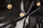 Platlogy Women's Leather Blazer Double-breasted Gold Button Design Slim-fit Cropped Jacket Glamorous Outerwear for Party