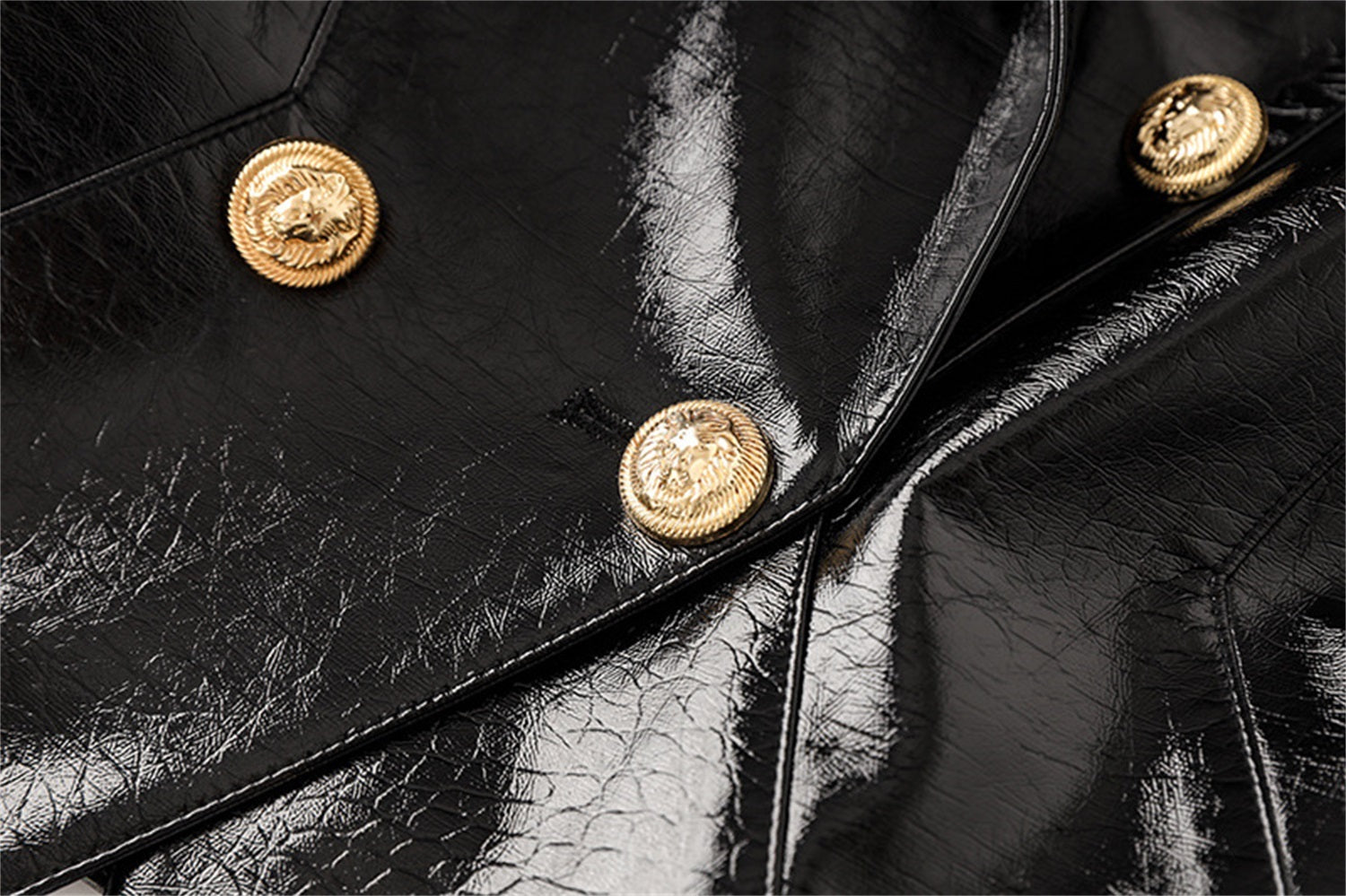 Platlogy Women's Leather Blazer Double-breasted Gold Button Design Slim-fit Cropped Jacket Glamorous Outerwear for Party