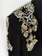 Platlogy Women's Designer Suit Women Beaded Diamonds Stand Collar Single Button Blazer Wide-leg Pants Set 2PCS
