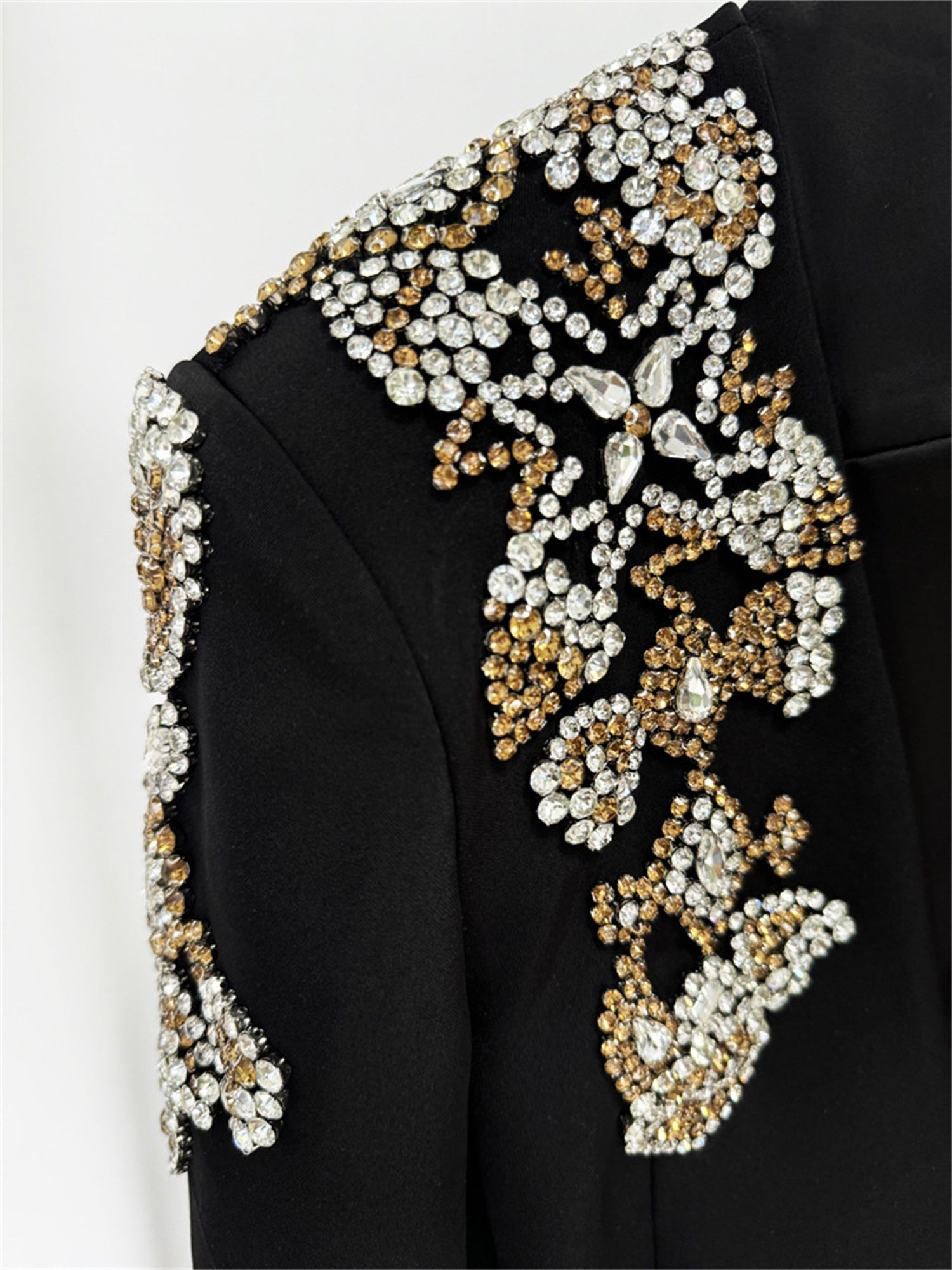 Platlogy Women's Designer Suit Women Beaded Diamonds Stand Collar Single Button Blazer Wide-leg Pants Set 2PCS