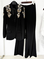 Platlogy Women's Designer Suit Women Beaded Diamonds Stand Collar Single Button Blazer Wide-leg Pants Set 2PCS