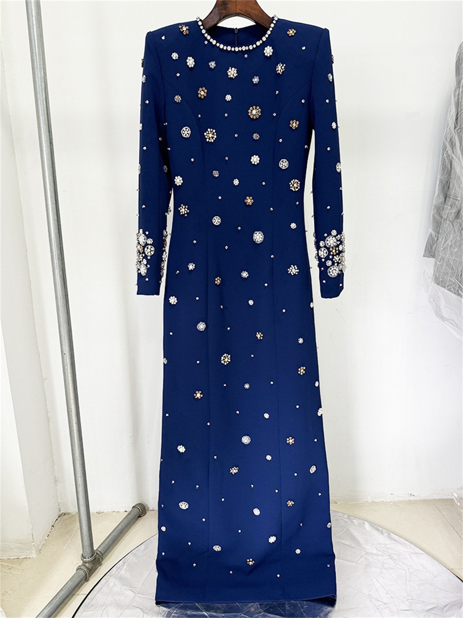 platlogy Women's Fashion Designer Party Formal Long Sleeve Luxurious Rhinestone Diamonds Beaded Long Maxi Dress Gowns
