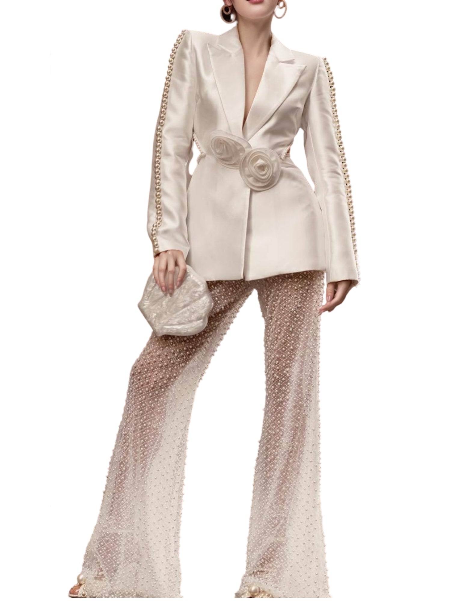 Platlogy Women's 2 Pieces Blazer Pants Suit Sets Hollow Out Flowers Appliques Pearls Beaded Wedding Party Outfits Main image