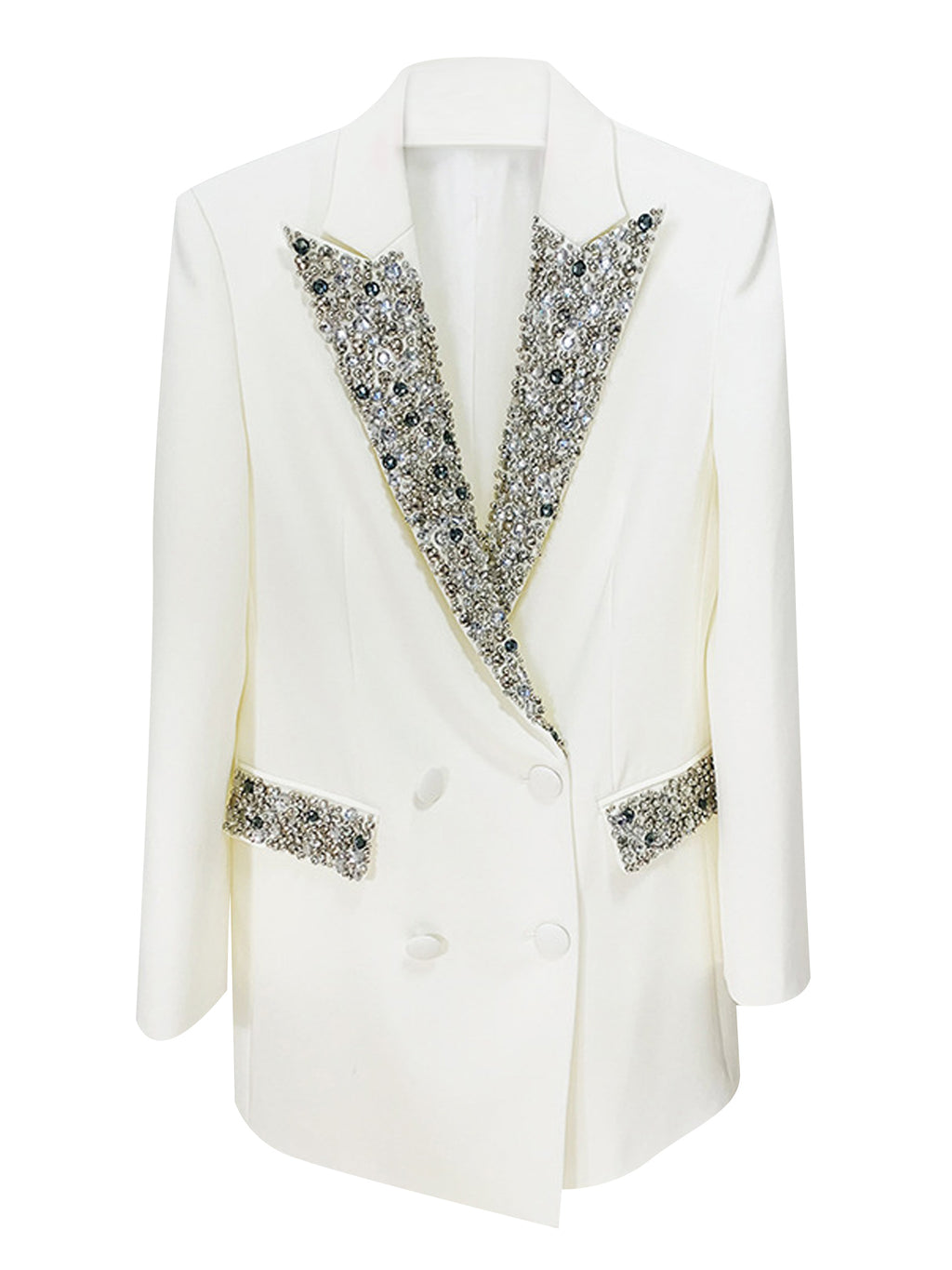 Platlogy Women's Luxury Designer Jacket Slim Fitting Rhinestone Diamonds Beaded Long Blazer Coat